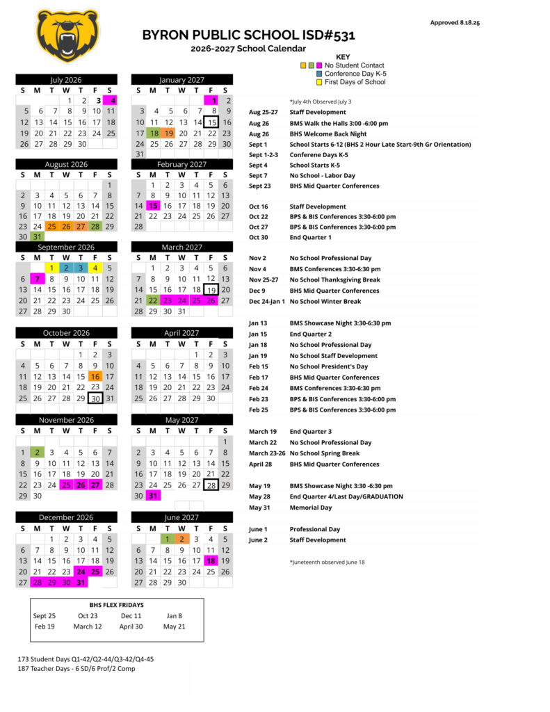 Byron Public School ISD#531 26-27 Calendar
