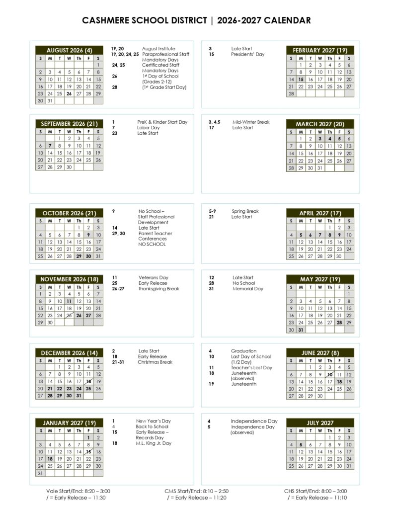 CASHMERE SCHOOL DISTRICT 2026-2027