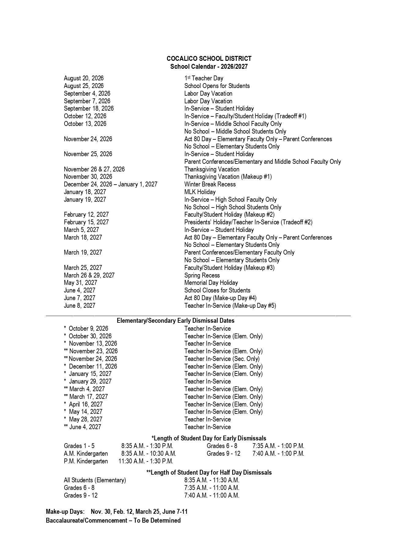 COCALICO SCHOOL DISTRICT PA Calendar 26-27 Updates