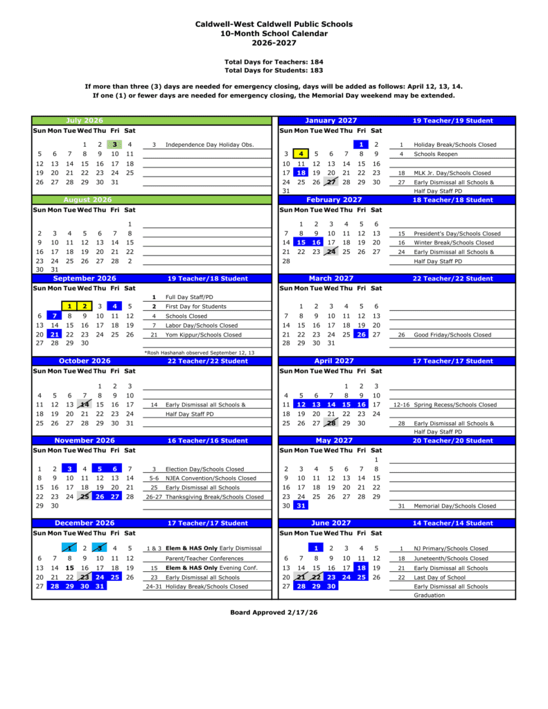 Caldwell-West Caldwell Public Schools 26-27 Calendar