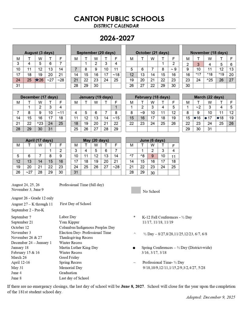 Canton Public Schools Calendar 2026-2027