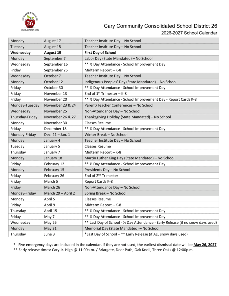 Cary Community Consolidated School District 26 26-27 Calendar