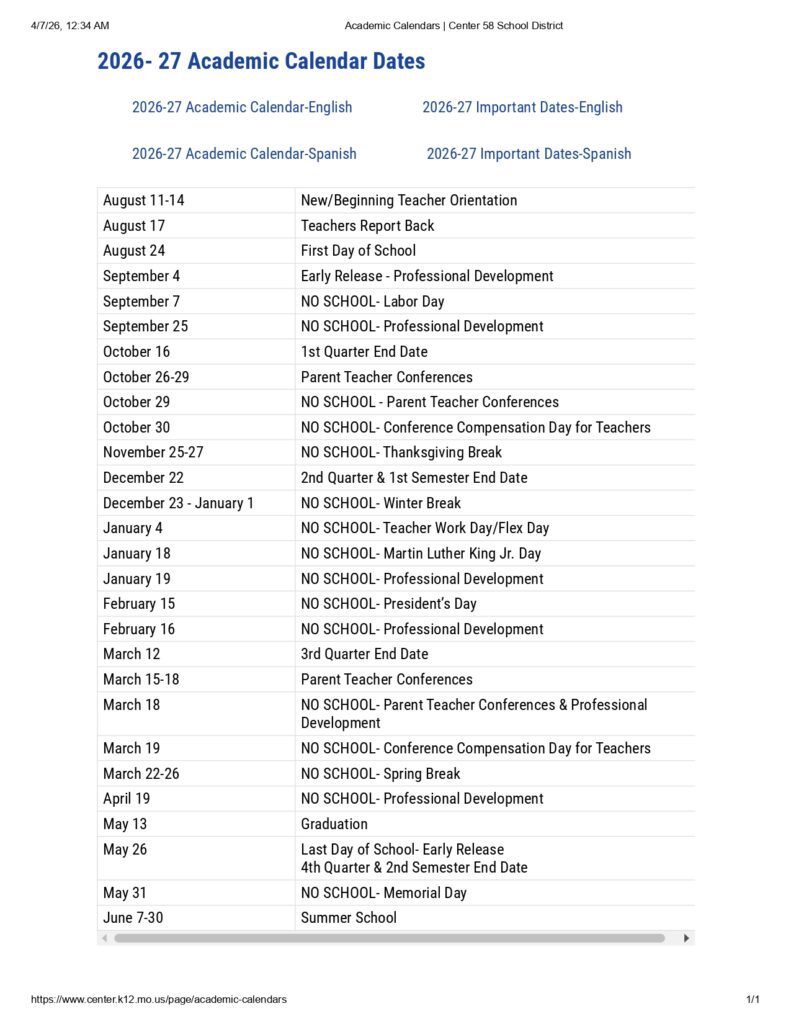 Center 58 School District 2026-27