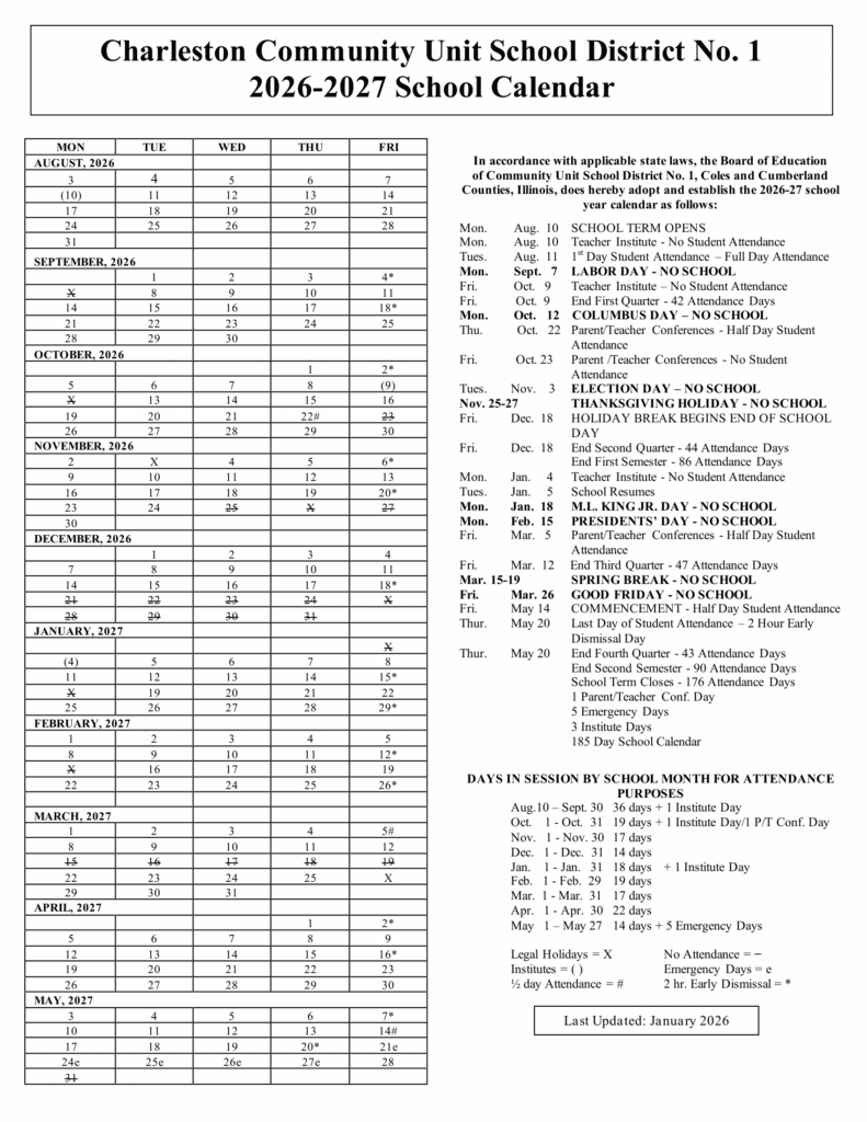 Charleston Community Unit School District No. 1 26-27 Calendar