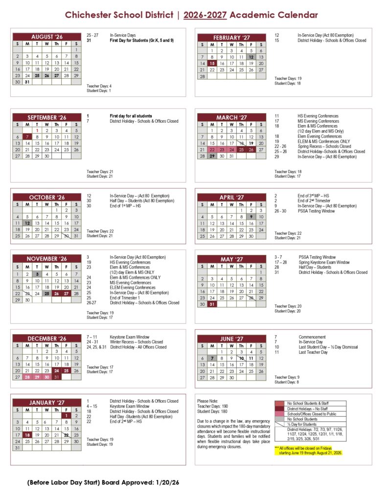 Chichester School District 2026-2027 calendar