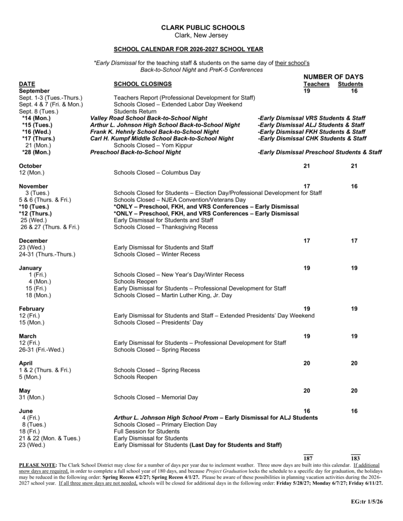 Clark Public Schools 26-27 Calendar
