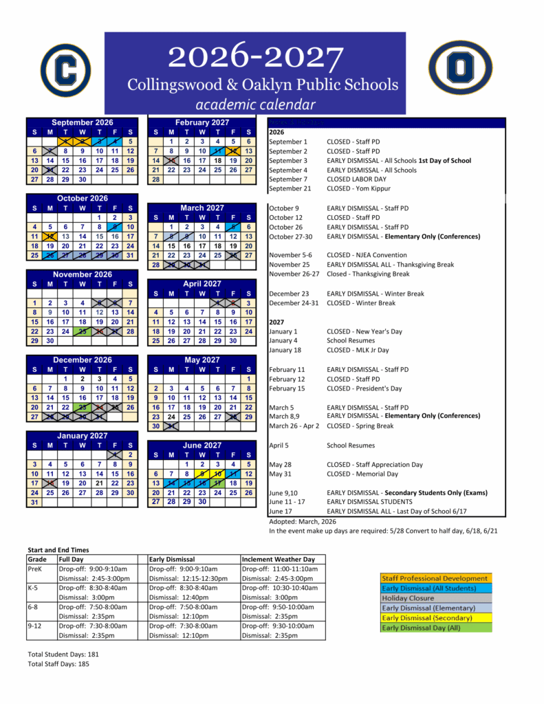 Collingswood & Oaklyn Public Schools 26-27 Calendar