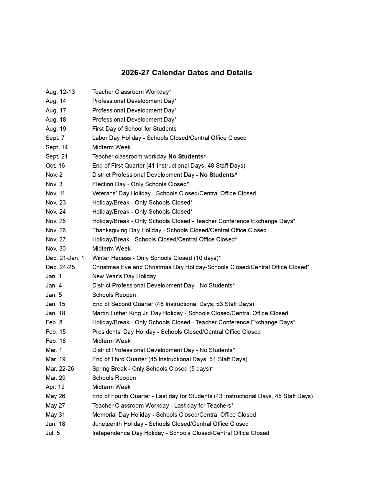 Columbus City Schools  OH Calendar 26-27 Updates