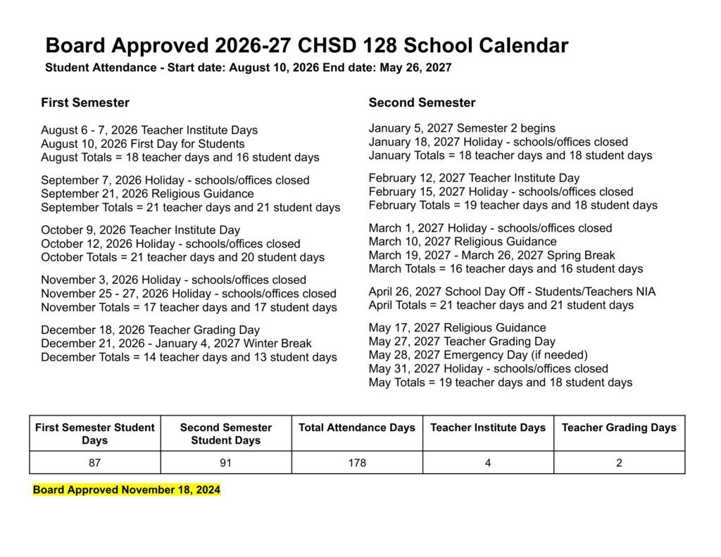 Community High School District 128 26-27 Calendar