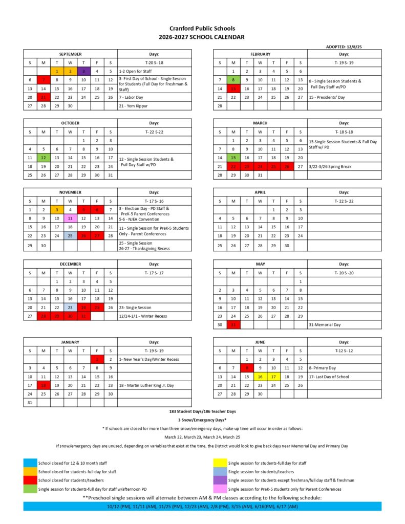 Cranford Public Schools 2026-2027