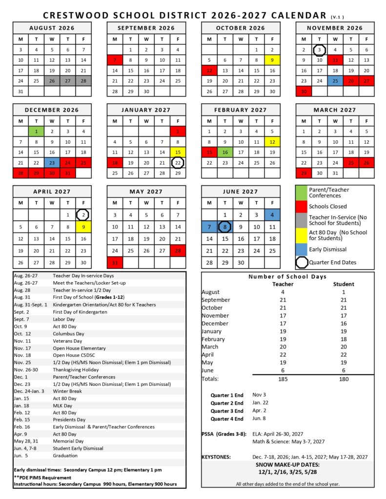 Crestwood School District 2026-2027 CALENDAR