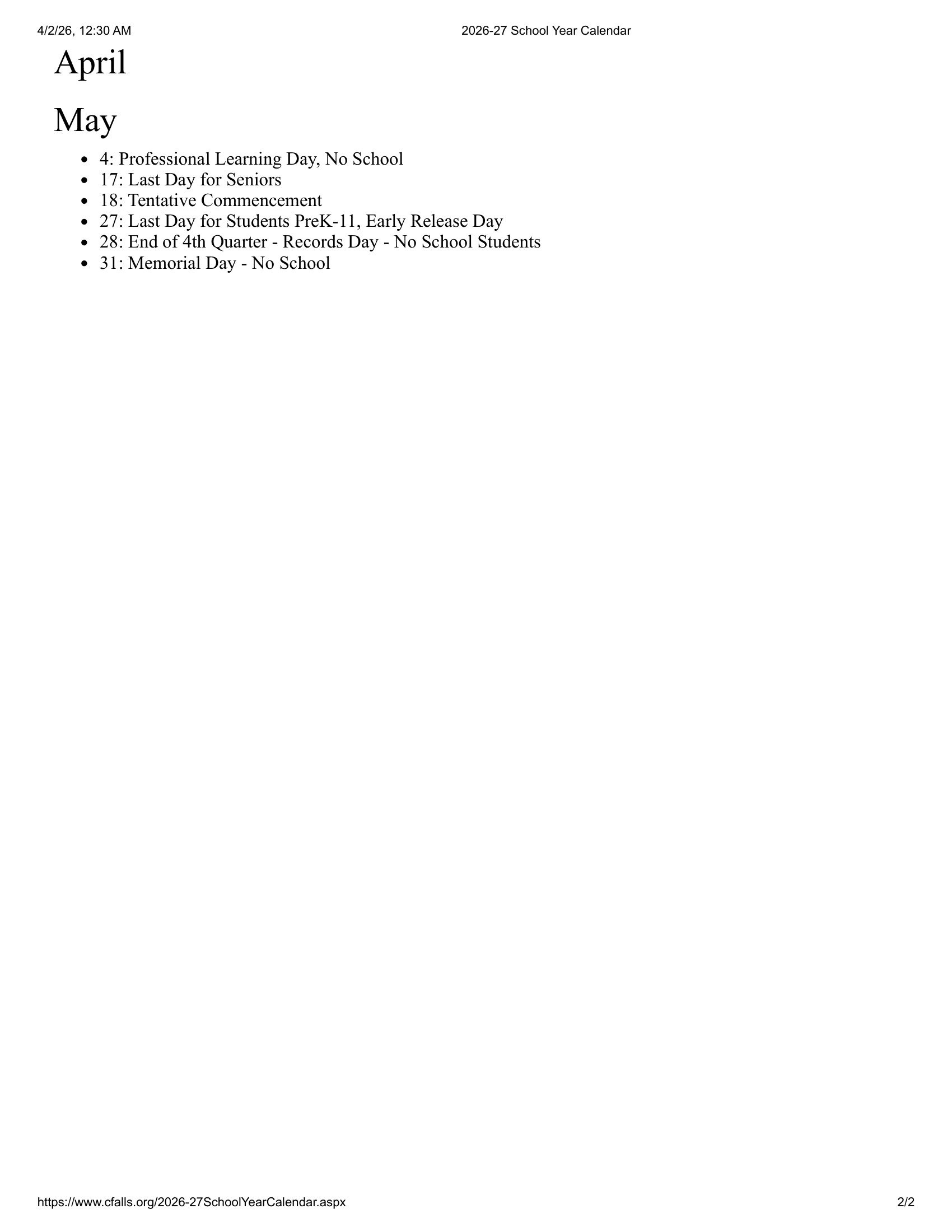 Cuyahoga Falls City School District Calendar 26-27 Updates