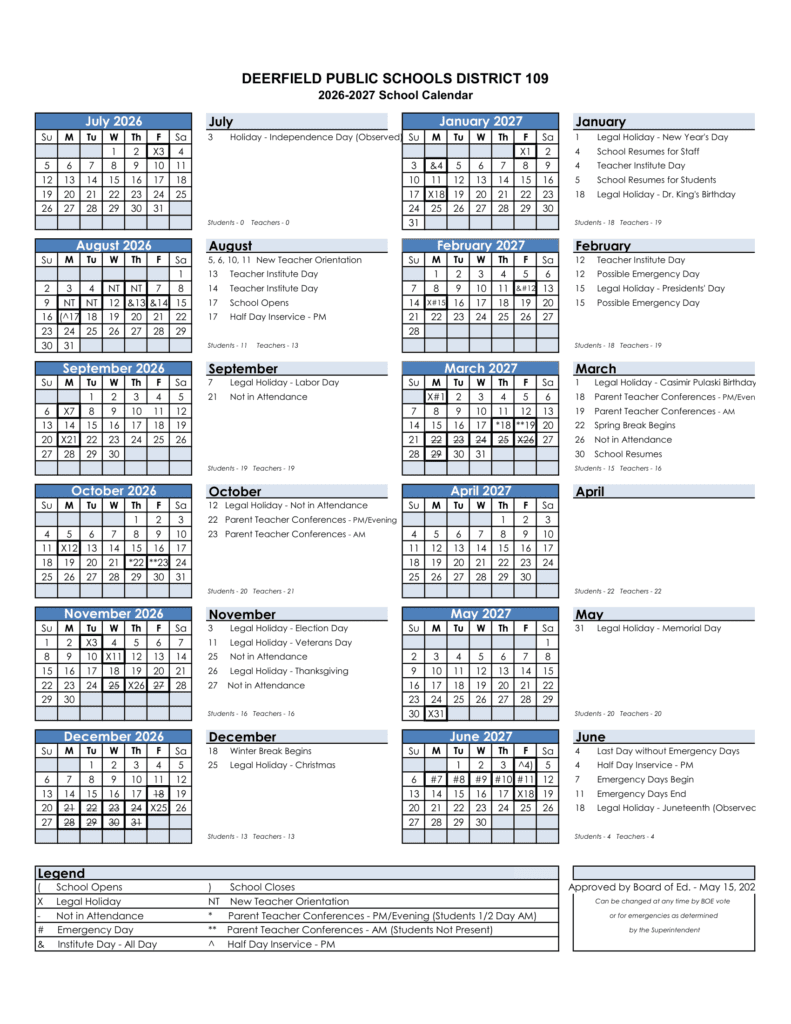 Deerfield Public Schools District 109 26-27 Calendar