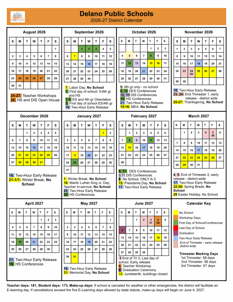 Delano Public Schools 26-27 Calendar