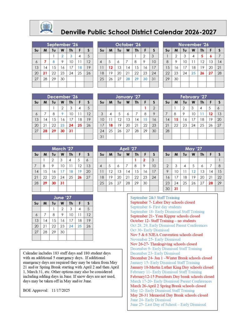 Denville Public School District Calendar 2026-2027