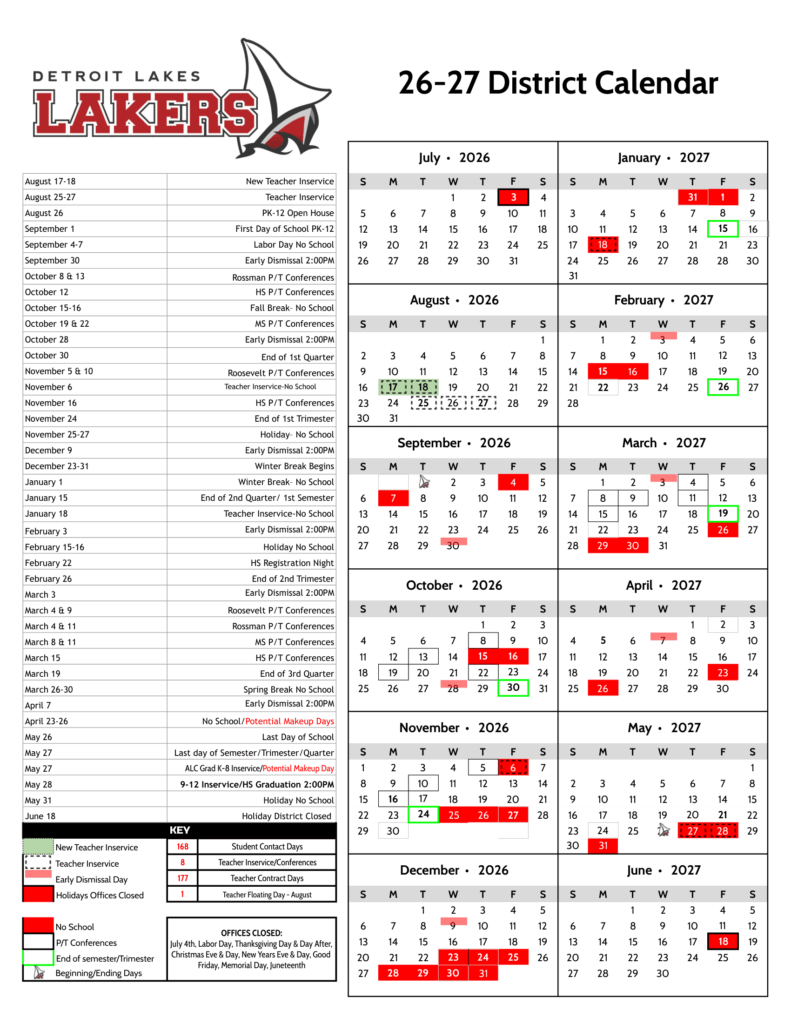 Detroit Lakes Public Schools 26-27 Calendar