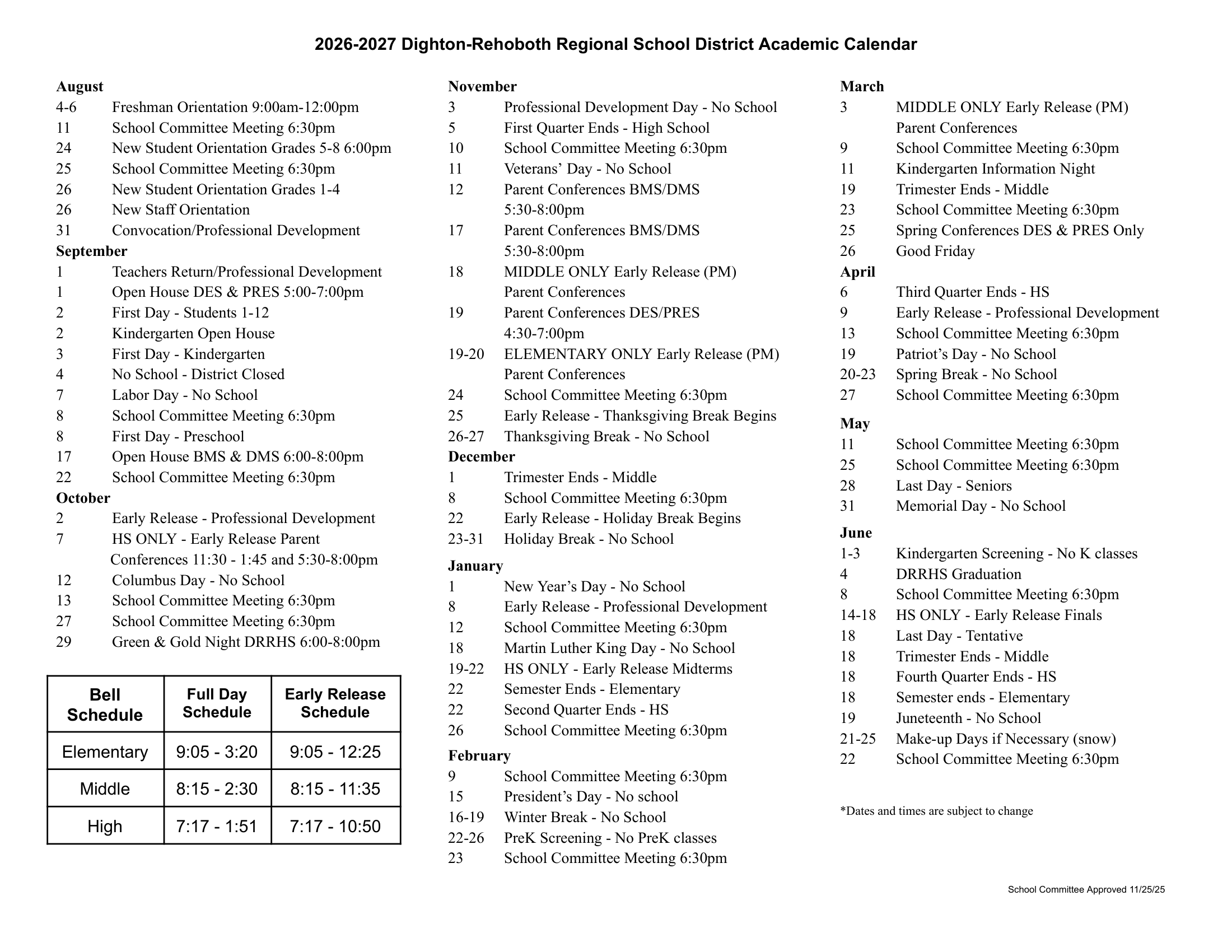 Dighton-Rehoboth Regional School District 26-27 Calendar Revised [PDF]