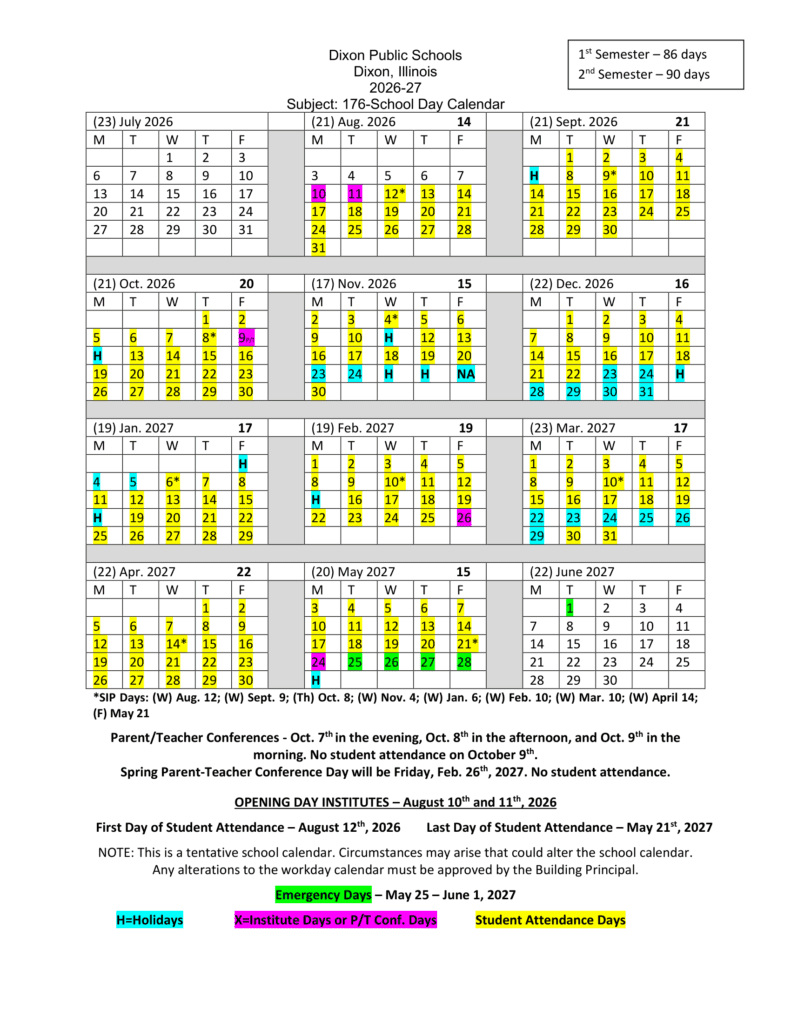 Dixon Public Schools 26-27 Calendar