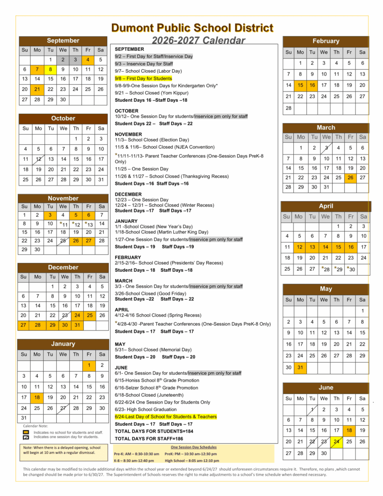 Dumont Public School District 26-27 Calendar