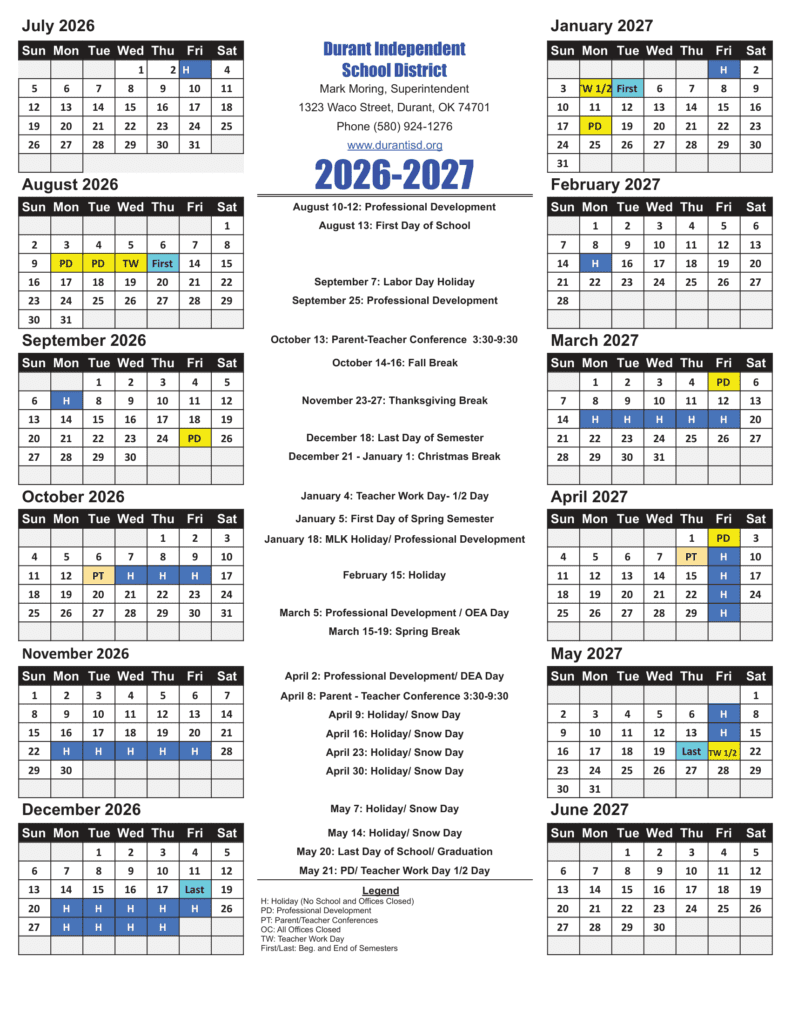 Durant Independent School District 26-27 Calendar
