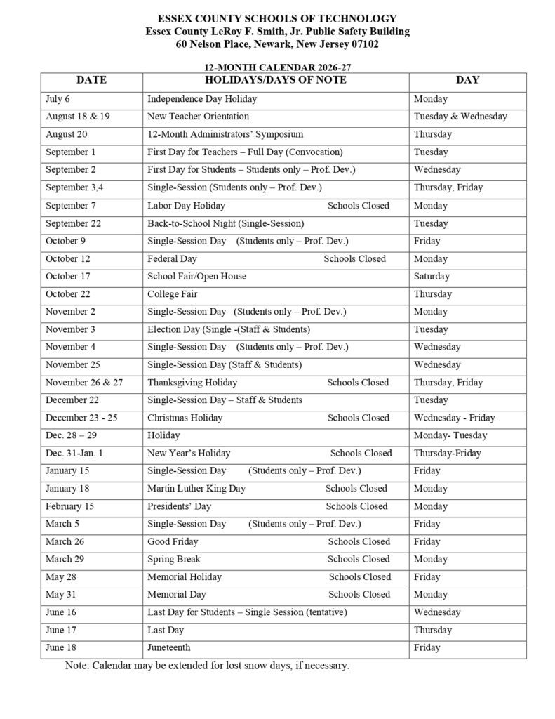 ESSEX COUNTY SCHOOLS OF TECHNOLOGY 2026-27