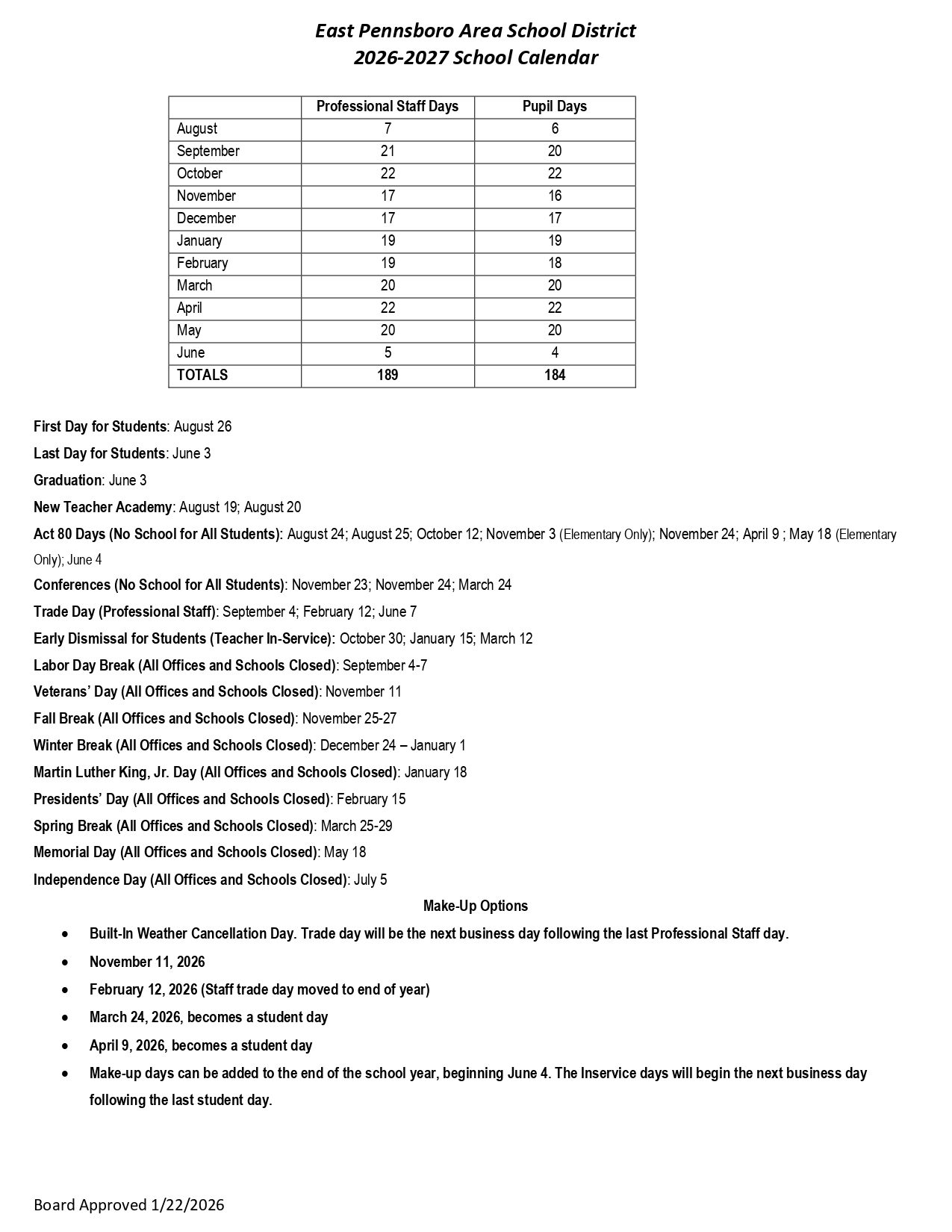 East Pennsboro Area School District  PA Calendar 26-27 Updates