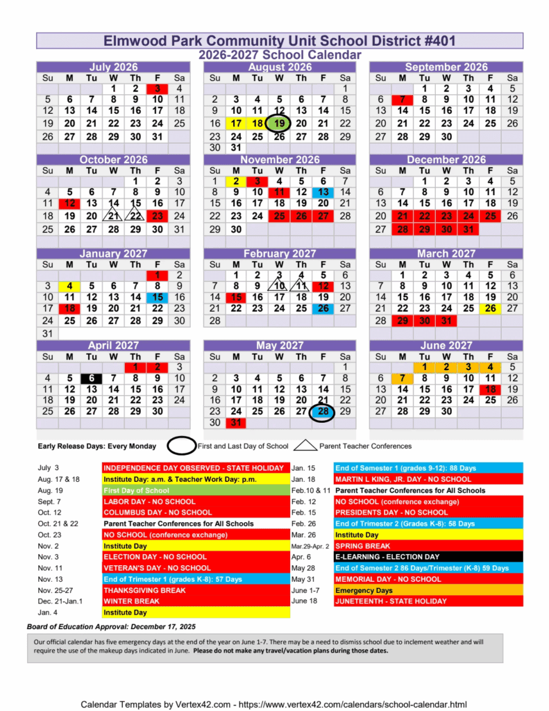 Elmwood Park Community Unit School District #401 26-27 Calendar