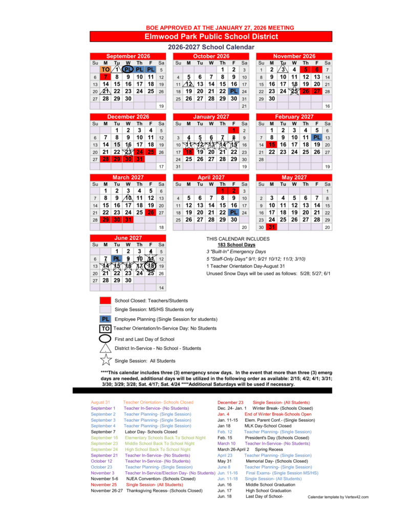 Elmwood Park Public School District 26-27 Calendar