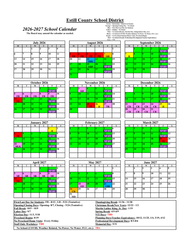 Estill County School District 26-27 Calendar