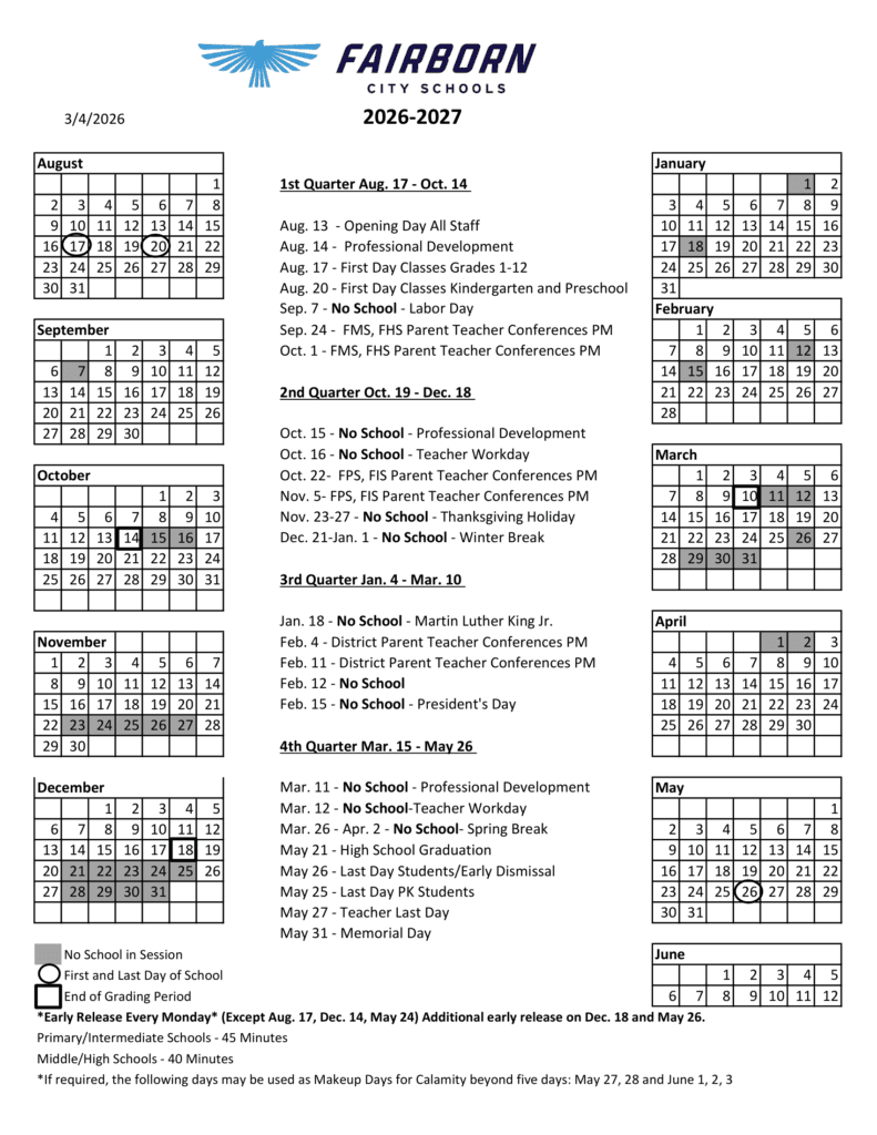 Fairborn City Schools 26-27 Calendar