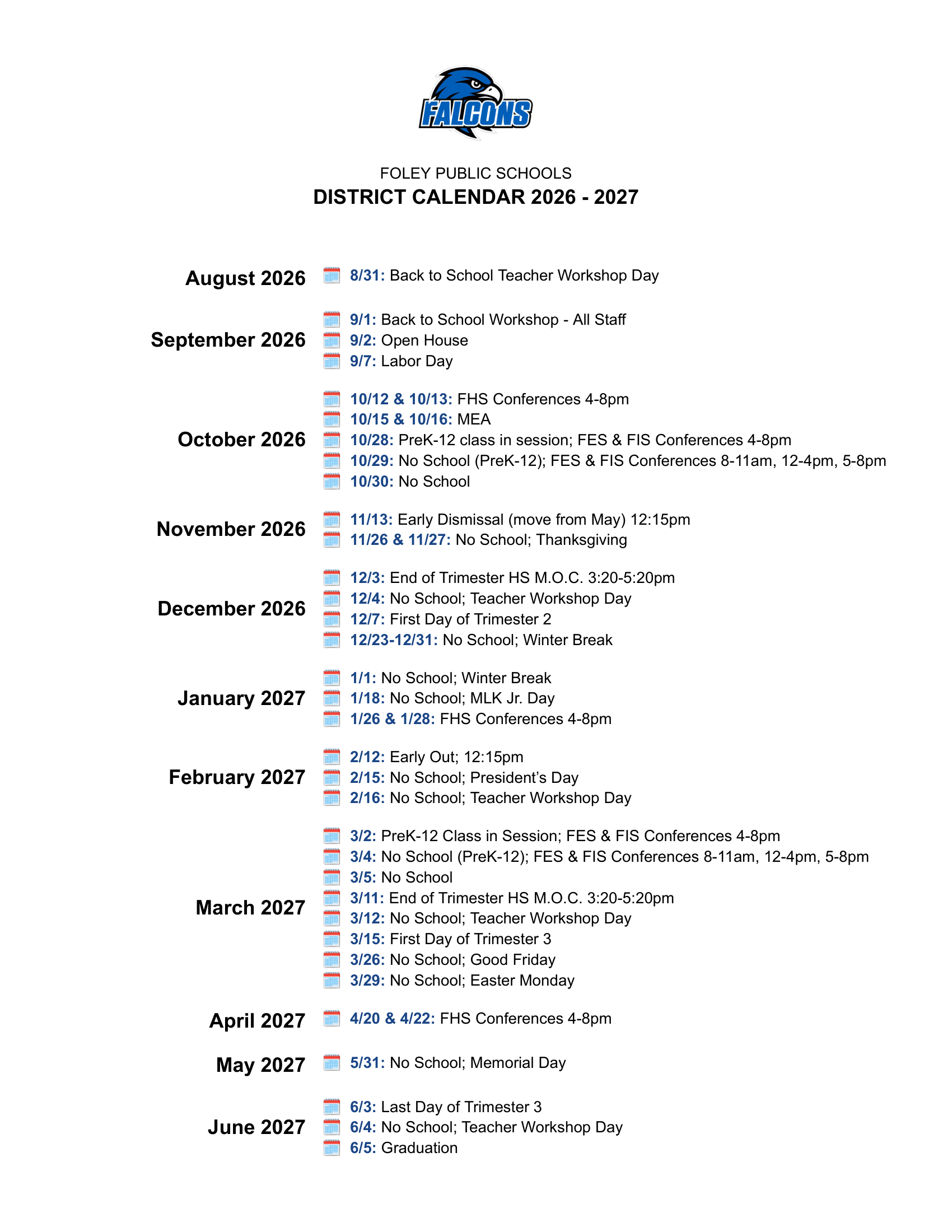 Foley Public Schools MN 26-27 Calendar [PDF] 