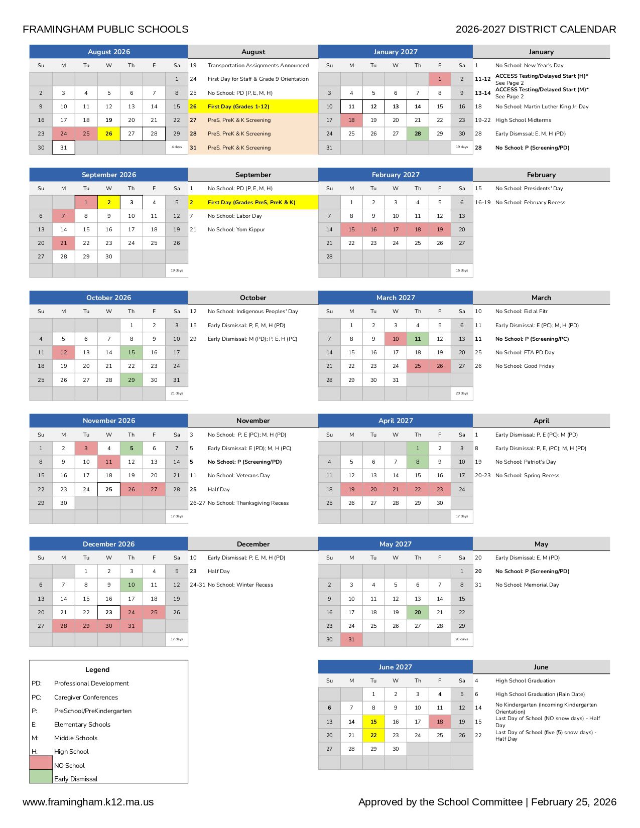 Framingham Public Schools MA Calendar 26-27 [PDF]
