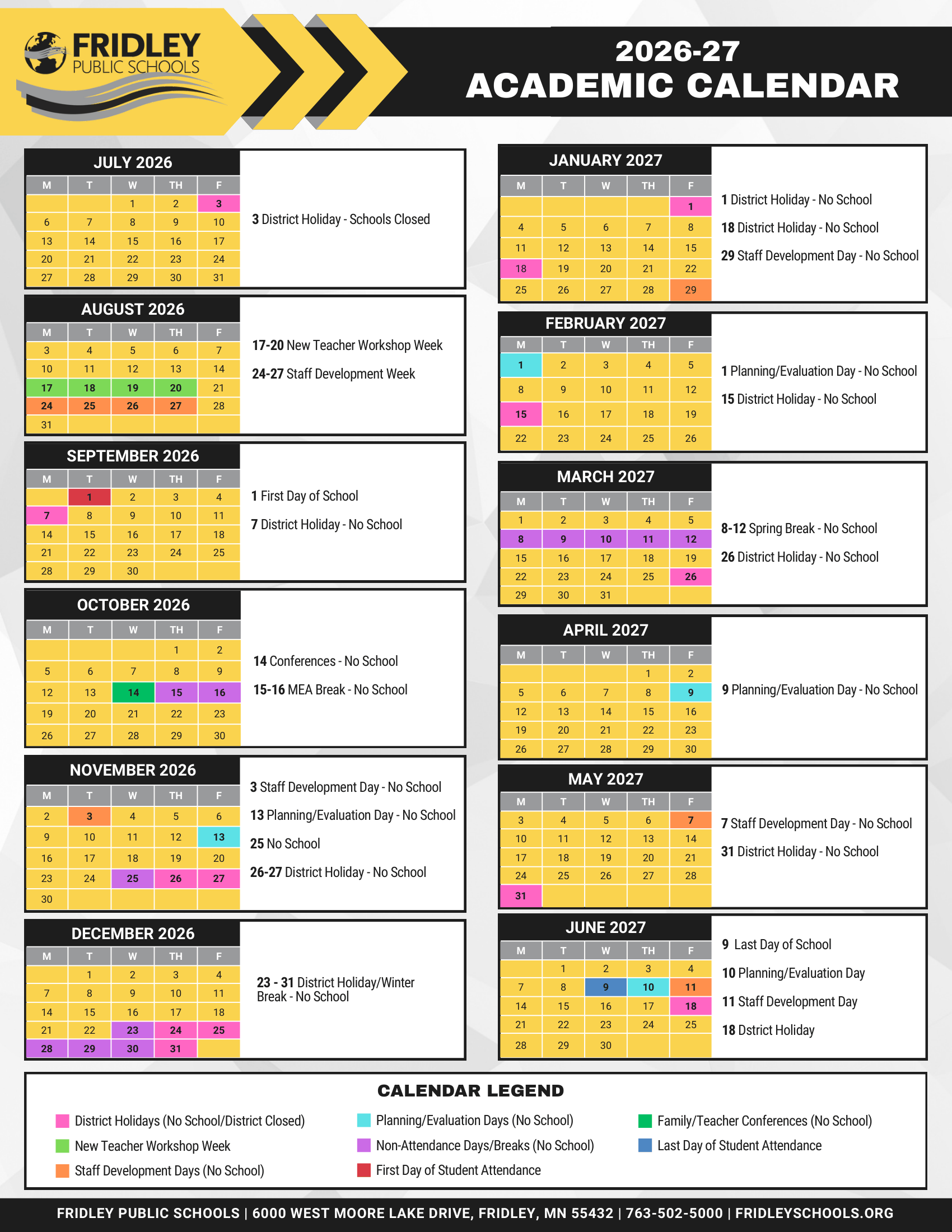 Fridley Public Schools 26-27 Calendar [PDF] Updated