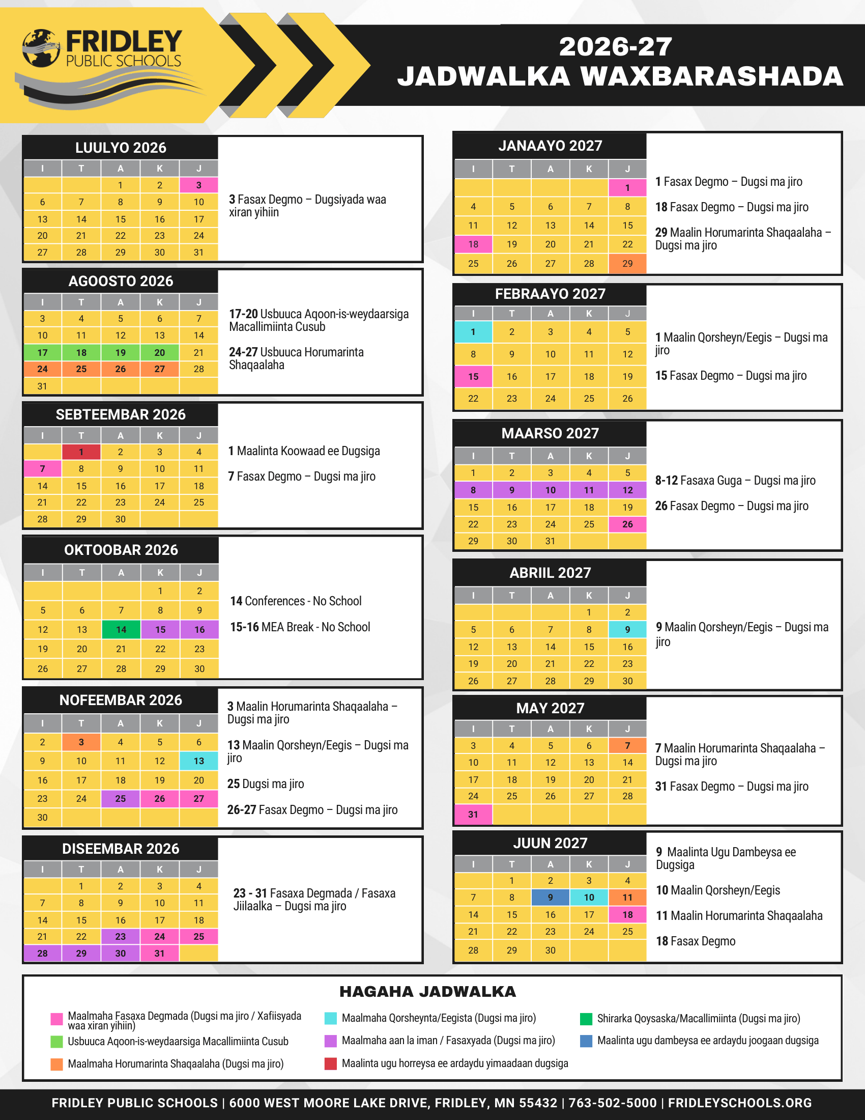 Fridley Public Schools 26-27 Calendar [PDF] Updated
