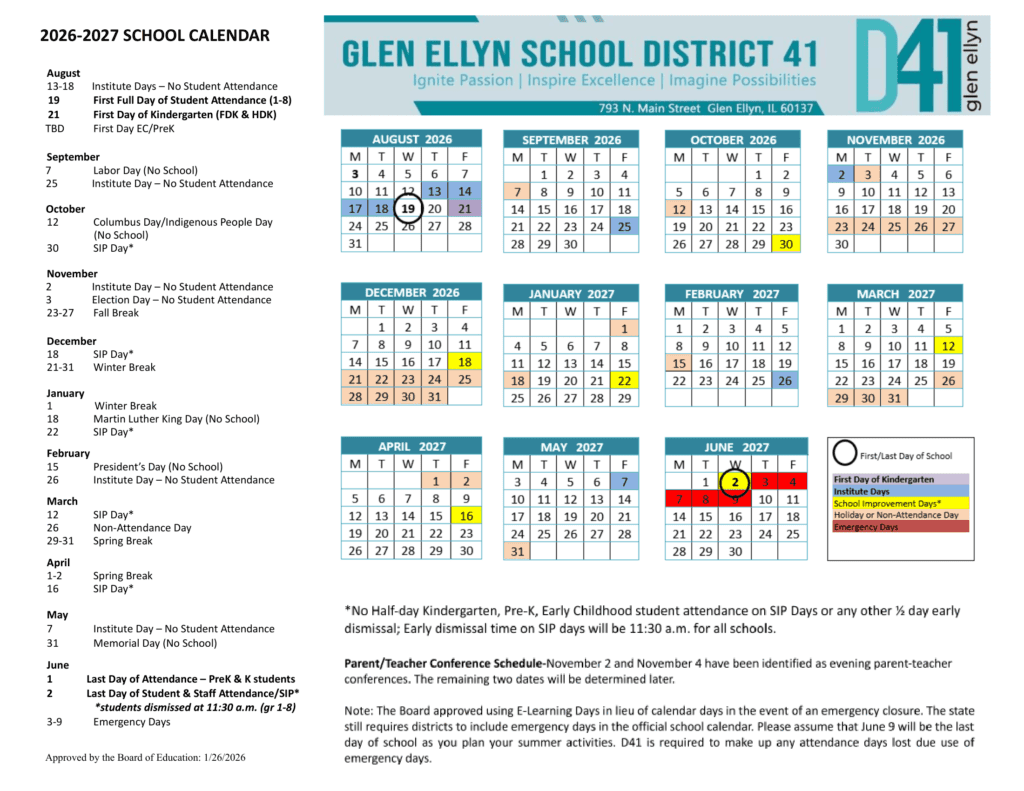 Glen Ellyn School District 41 26-27 Calendar