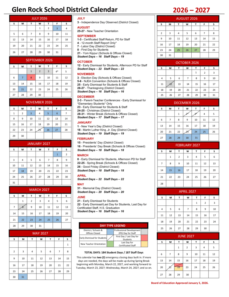 Glen Rock School District 26-27 Calendar