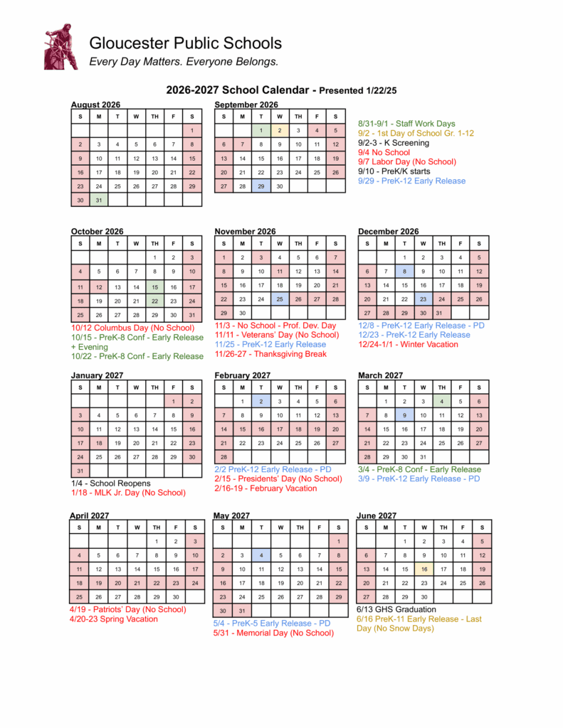 Gloucester Public Schools 26 27 Calendar Revised Pdf Educounty