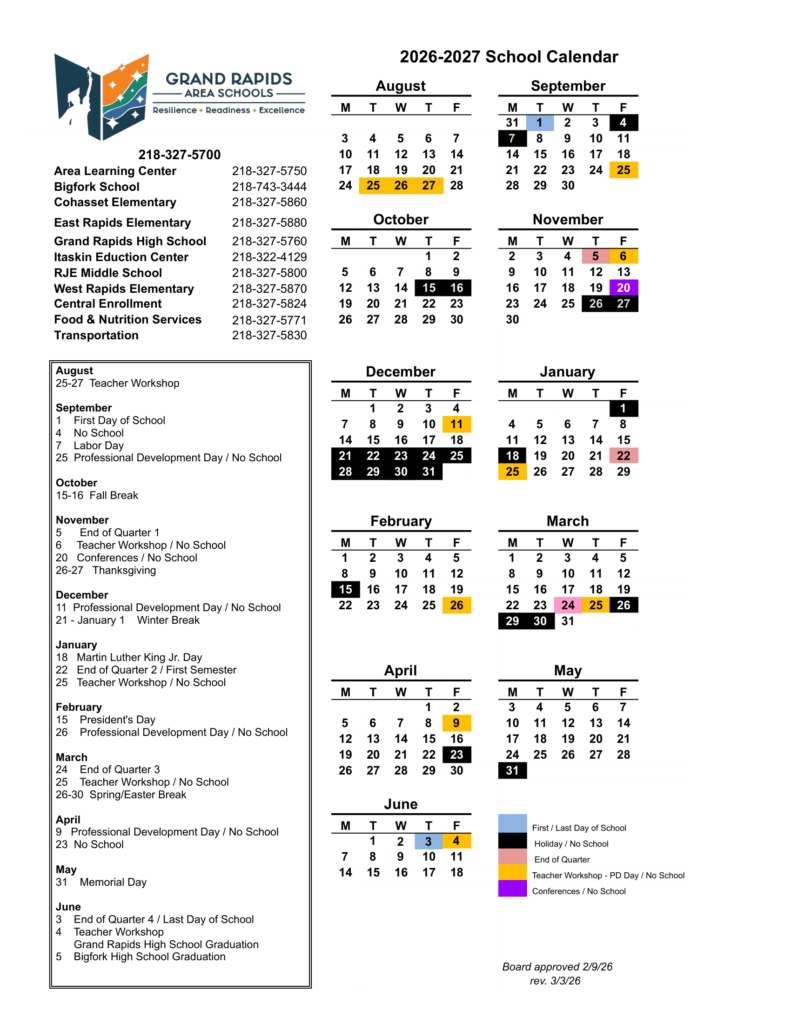 Grand Rapids Area Schools 26-27 Calendar