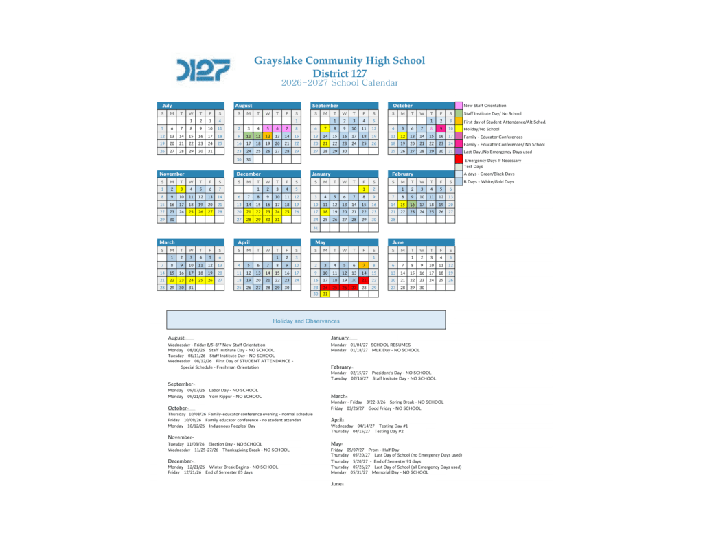 Grayslake Community High School District 127 26-27 Calendar