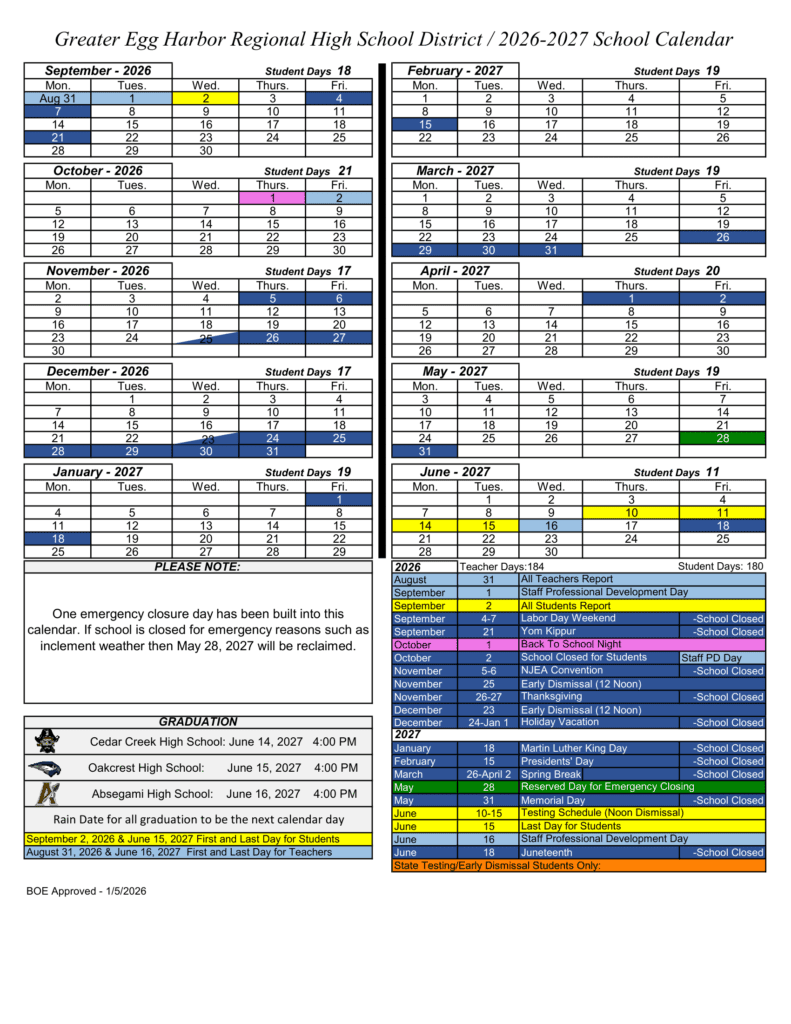 Greater Egg Harbor Regional High School District 26-27 Calendar