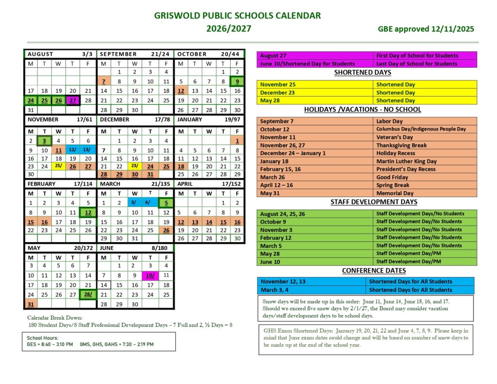 Griswold Public Schools 2026-2027