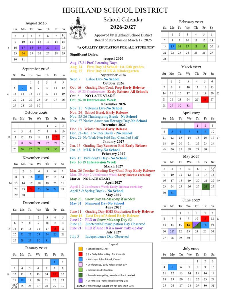 HIGHLAND SCHOOL DISTRICT 2026-2027