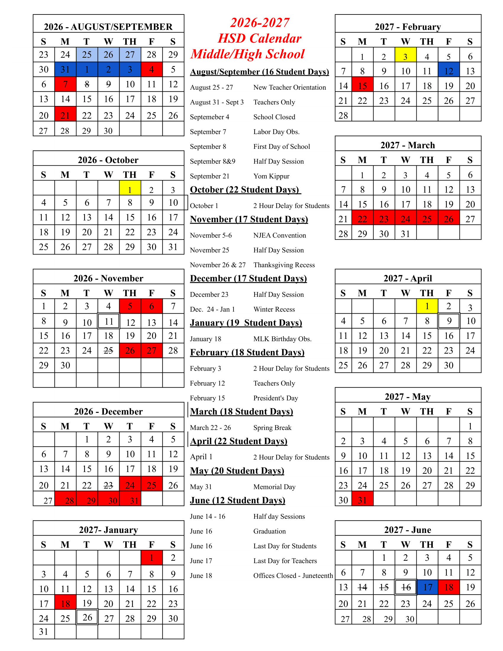 Haddonfield School District NJ Calendar 26-27 Updates