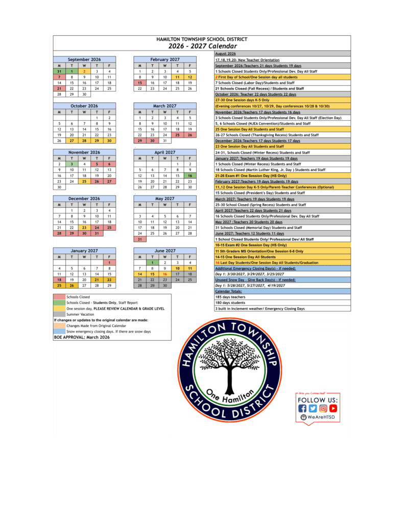 Hamilton Township School District 26-27 Calendar
