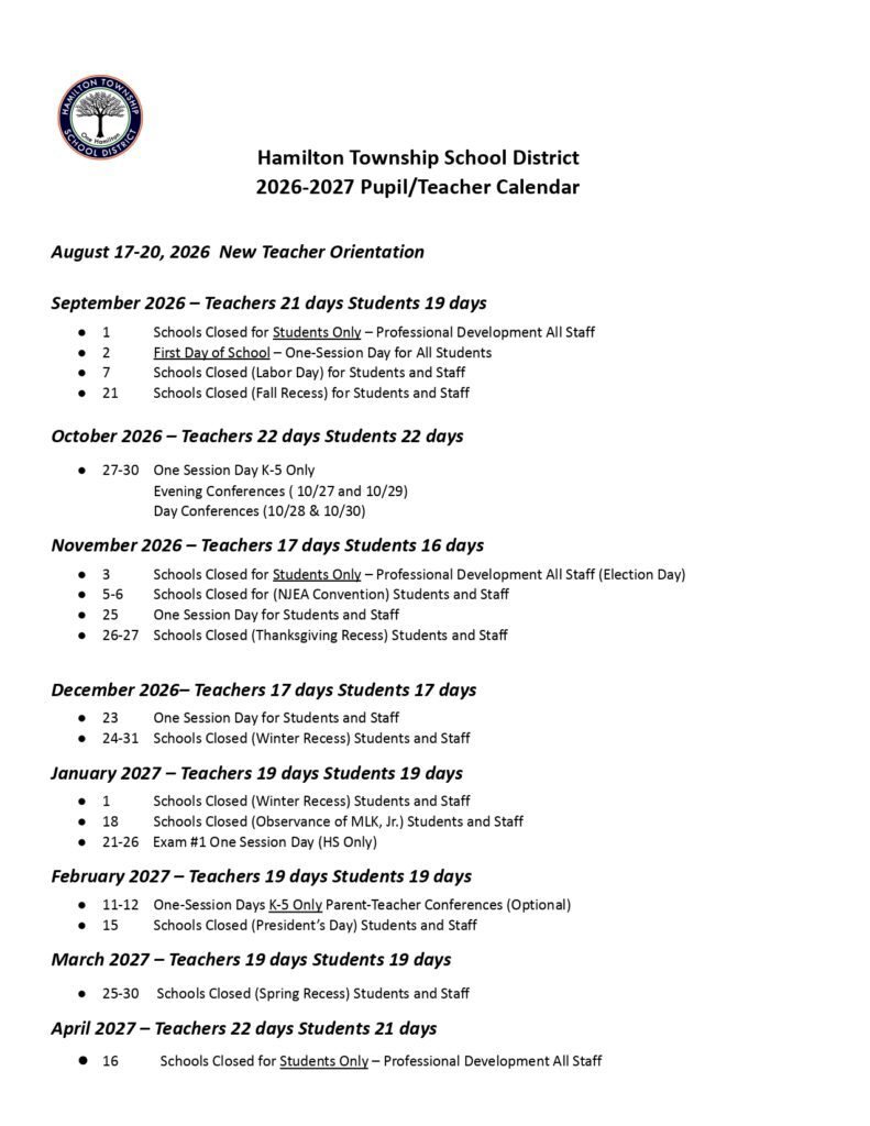 Hamilton Township School District Calendar 2026-2027....1