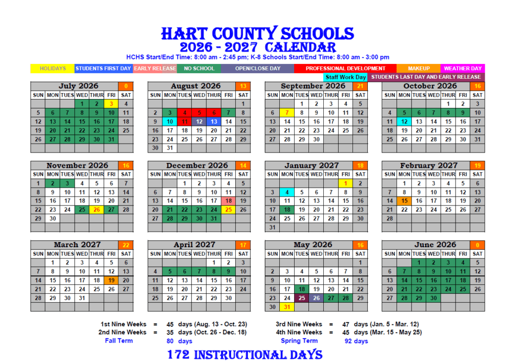Hart County Schools 26-27 Calendar