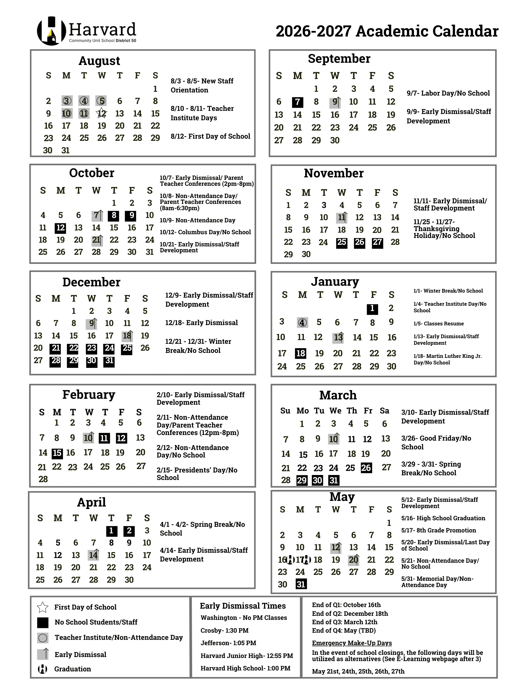 Harvard Community Unit School CUSD50 Calendar 26/27 Updates