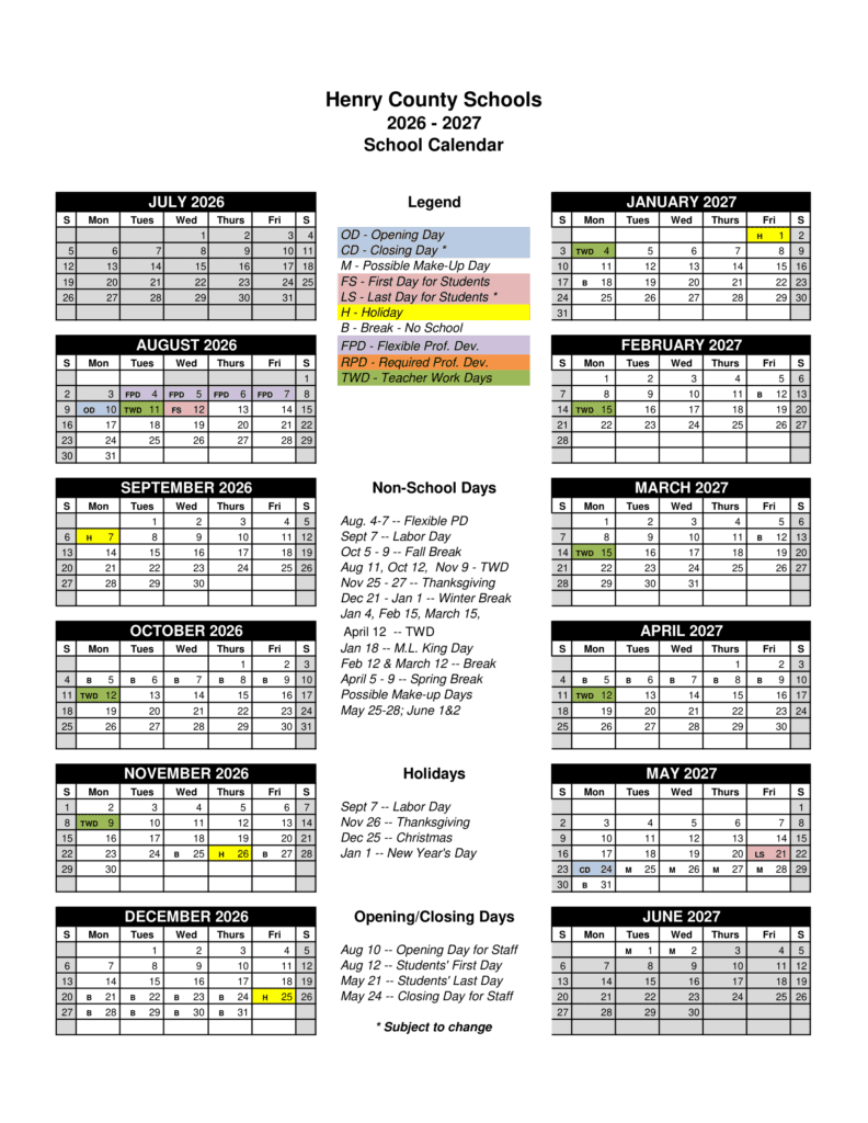 Henry County Schools 26-27 Calendar