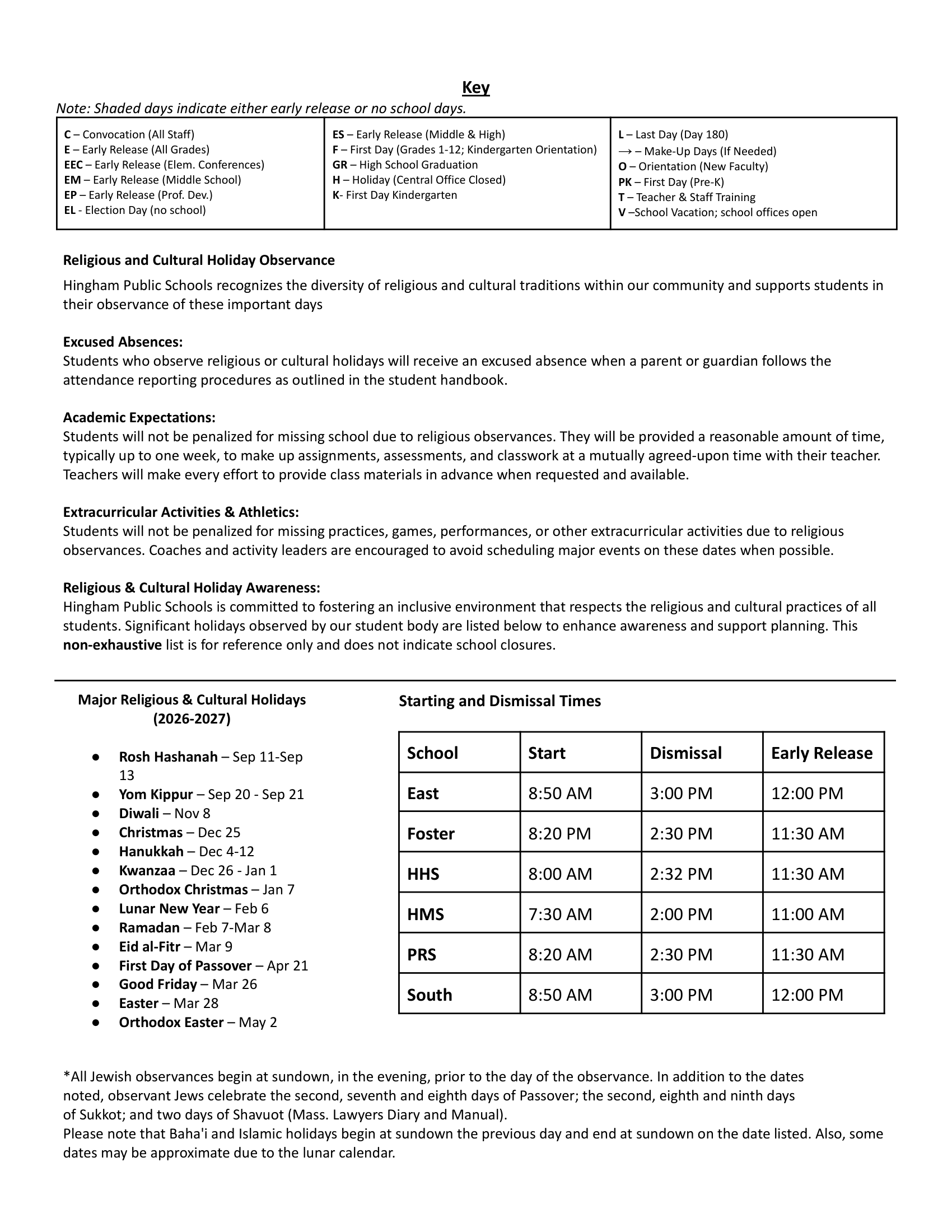 Hingham Public Schools MA  Calendar 26-27 Revised [PDF]