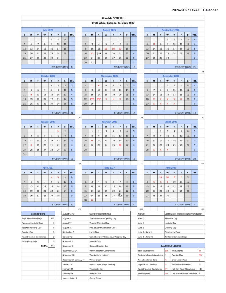 Hinsdale CCSD 181 26-27 Calendar